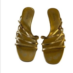PRADA Metallic Gold Strappy Kitten Heel Sandals